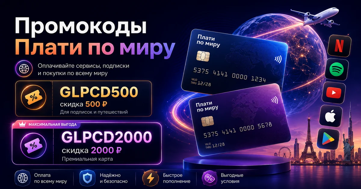 Промокоды Плати по миру GLPCD500 и GLPCD2000 - скидка 500 и 2000 рублей на карты для международных платежей в 2026 году